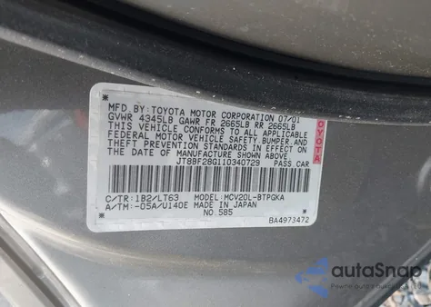 2001 Lexus Es 300 from USA, damaged, VIN JT8BF28G110340729